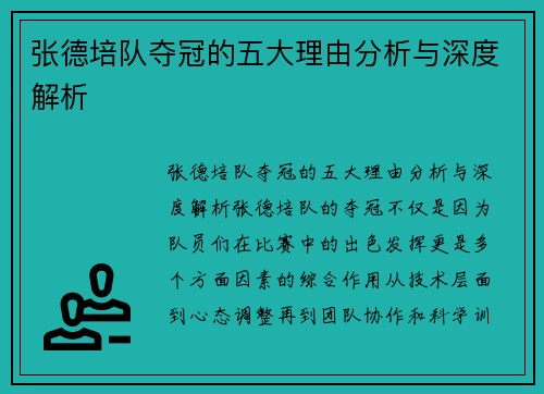张德培队夺冠的五大理由分析与深度解析